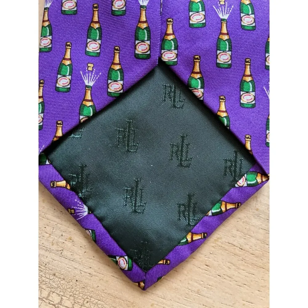 VTG Ralph Lauren Purple Champagne Bottle Necktie 100% Silk Novelty Tie